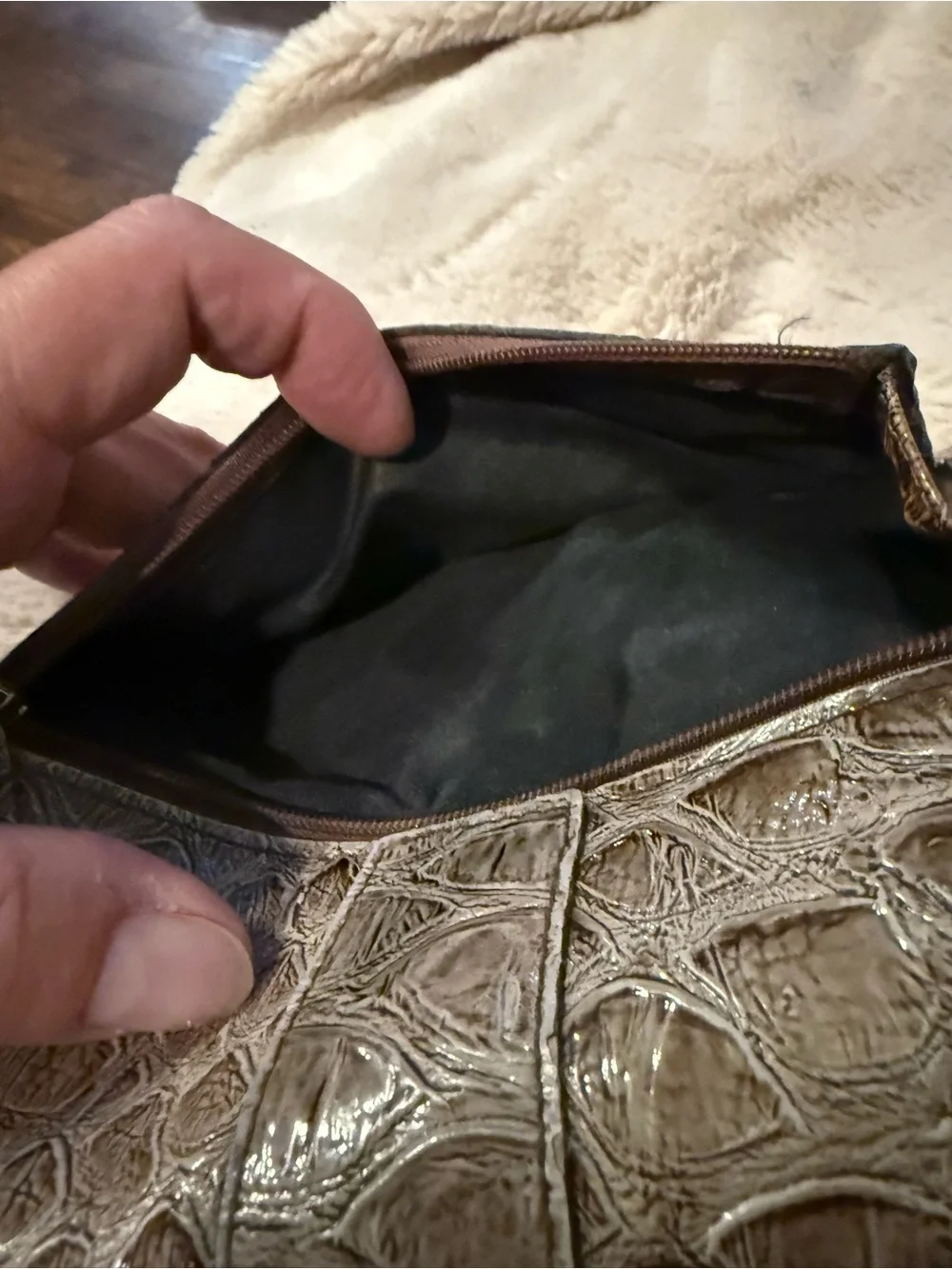 GUESS Metallic Taupe Croc-Embossed Clutch with Buckle